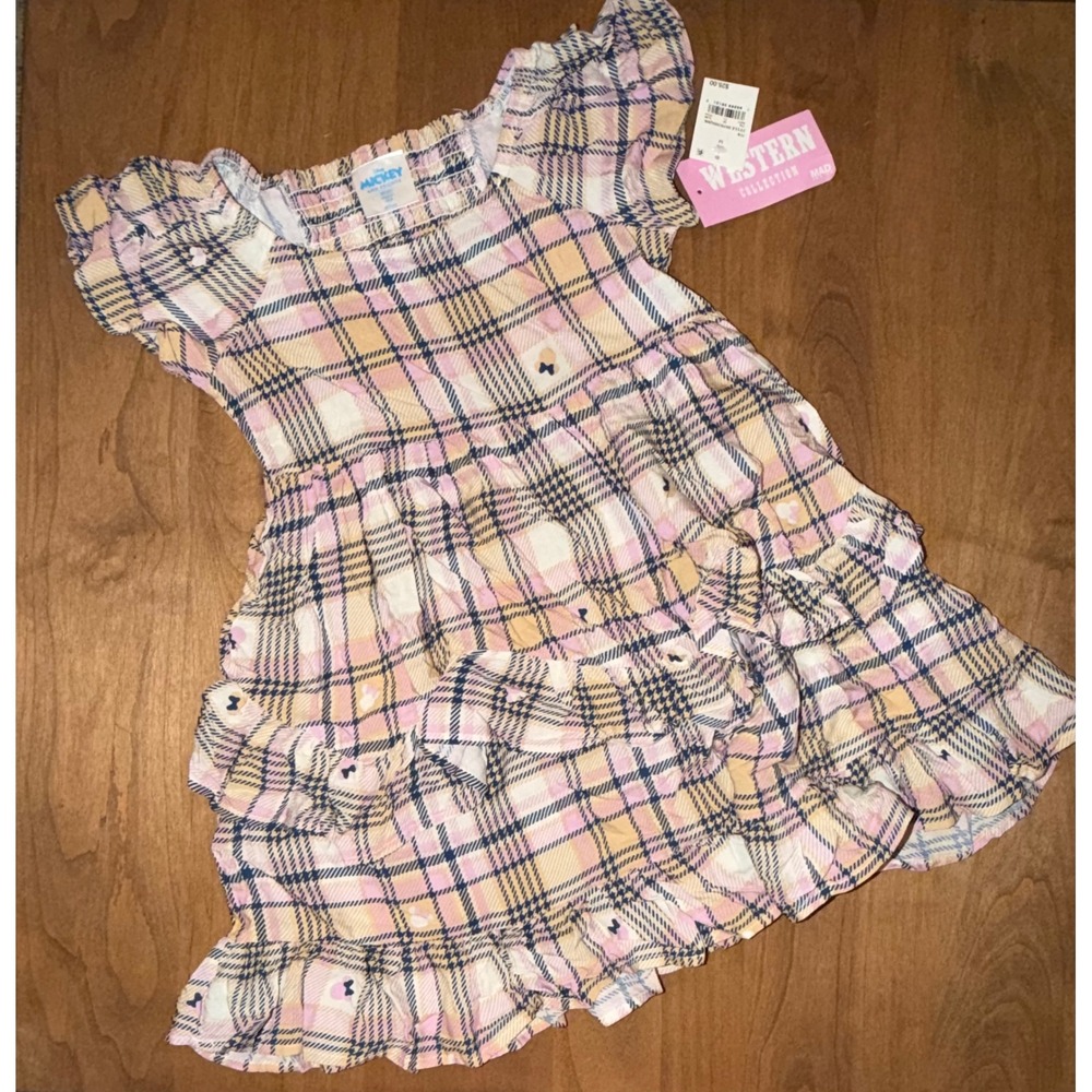 Disney Mickey Mouse Mad Engine Western Collection Plaid Tiered Dress Pink Tan M